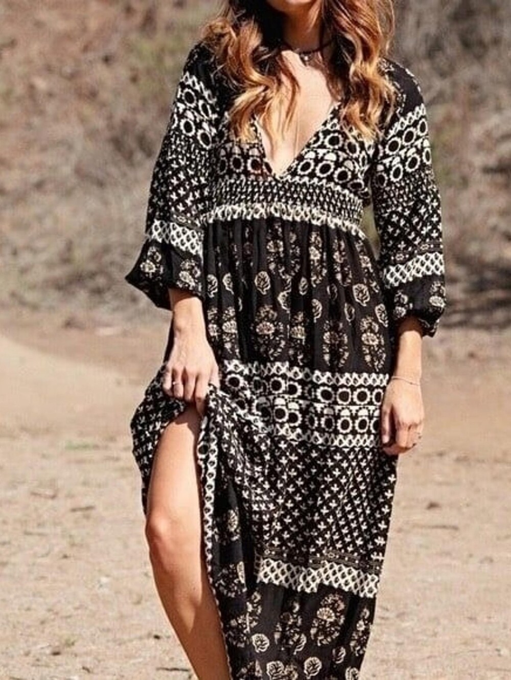 Raga Boho Black Floral Plunging Neckline Maxi Dress Size Mediun